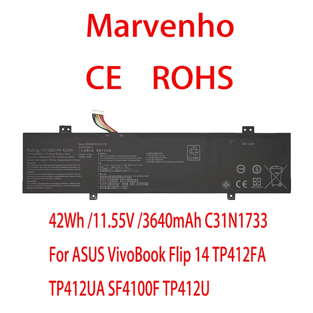 New Marvenho 42Wh 11.55V 3640mAh C31N1733 Laptop Battery For ASUS VivoBook Flip 14 TP412FA TP412UA SF4100F TP412U