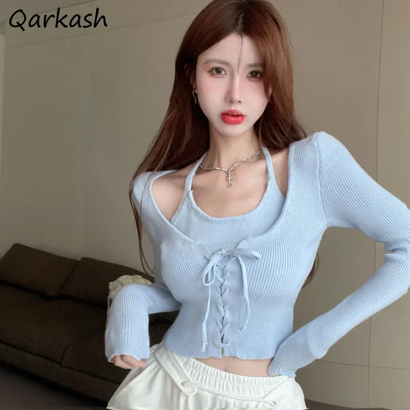 4 Colors Knitted T-shirts for Women Halter Bandage Fake 2 Pcs Solid Slim Crop Tops Spring All-match Tender Korean Style Fashion