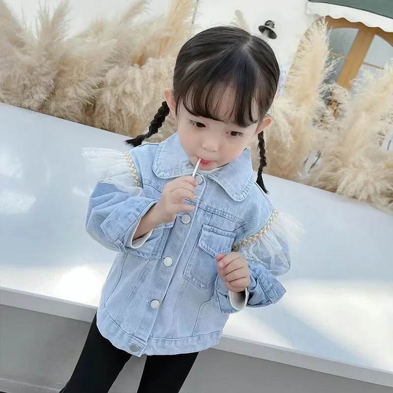 Spring Autumn Baby Girl Denim Jacket Coats 2024 New Children Clothing Cartoon Cat Lace Bow Outwear fashion Kids Long Sleeve Tops