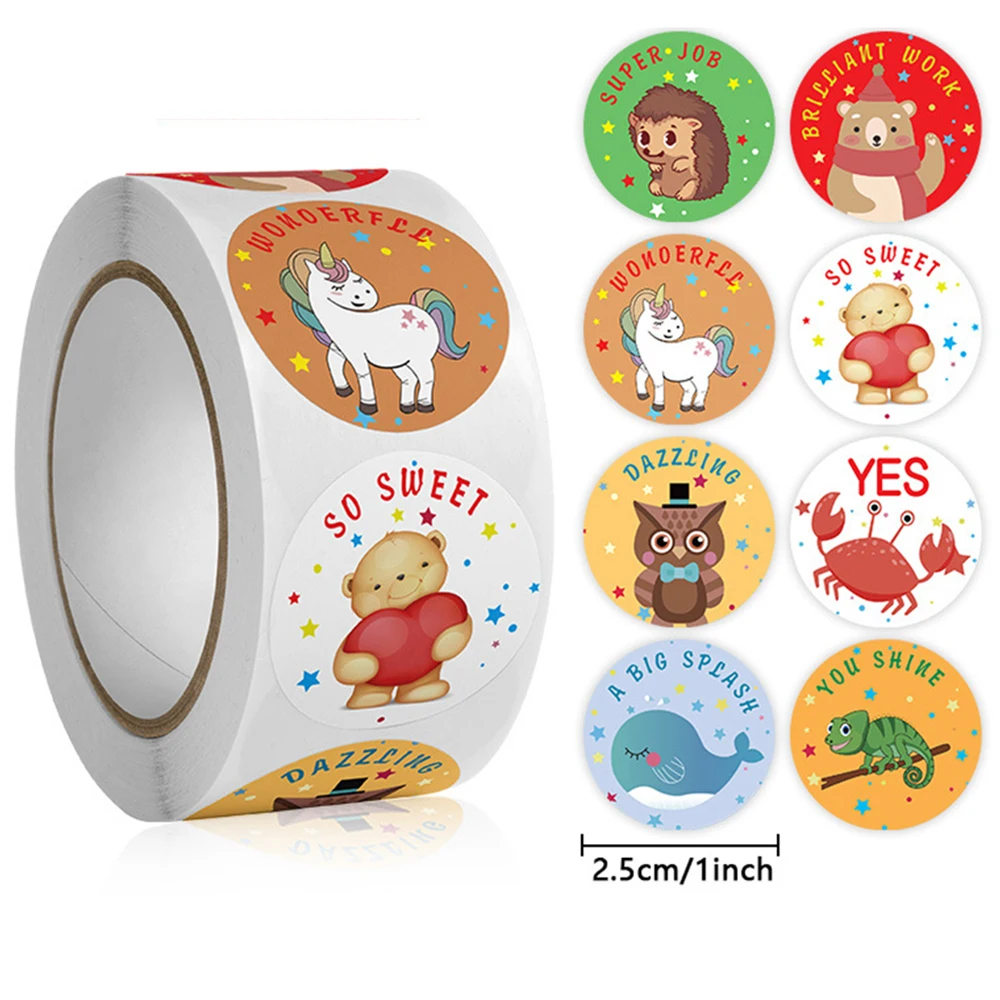 50-500pcs Animal Reward Stickers Adorable Round Kids Motivational Stickers Cartoon For Teacher Classroom Supplies