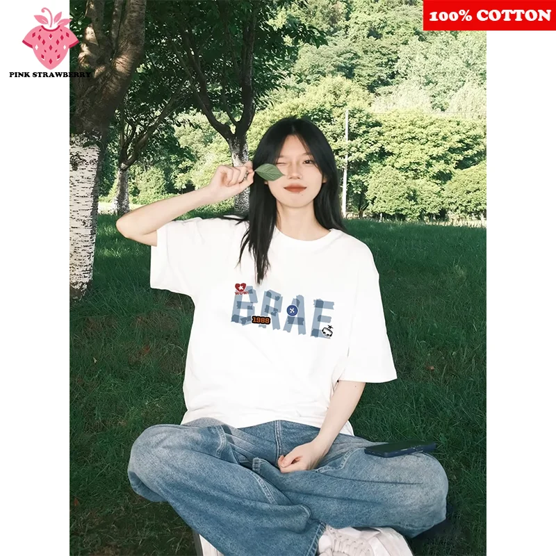 

Korean Style Letter Print T-shirt Women Summer 2025 New 100% Cotton high quality Short Sleeve Casual Tee Y2k Top Female Clothing