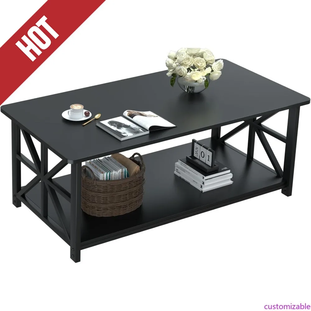 

Customizable-Coffee Table With Round Corner, Farmhouse Center Table With 2-Tier Storage Shelf X-Frame Design For Living Room, 39