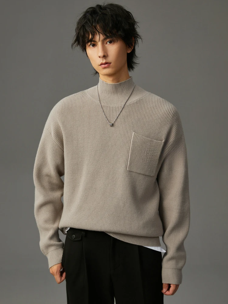 

Pullover Sweater Knitted Solid Color Men's Wool Round Neck Design High Collar Versatile Profile Casual Top Trendy Spring Autumn