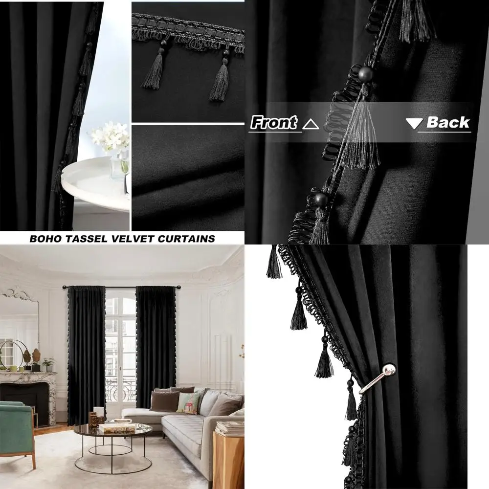 Velvet Blackout Curtains 84 Long with Tassels, Soundproof & Thermal, 2-Panel Set for Living Room, 52 x 84