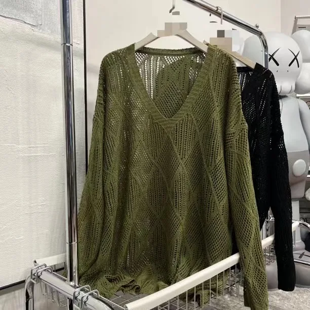 

Versatile Lazy Sle Knitted Sweater ex V-Ne Long Sve Hollow out Design Casual Top for Commuting And Leisure