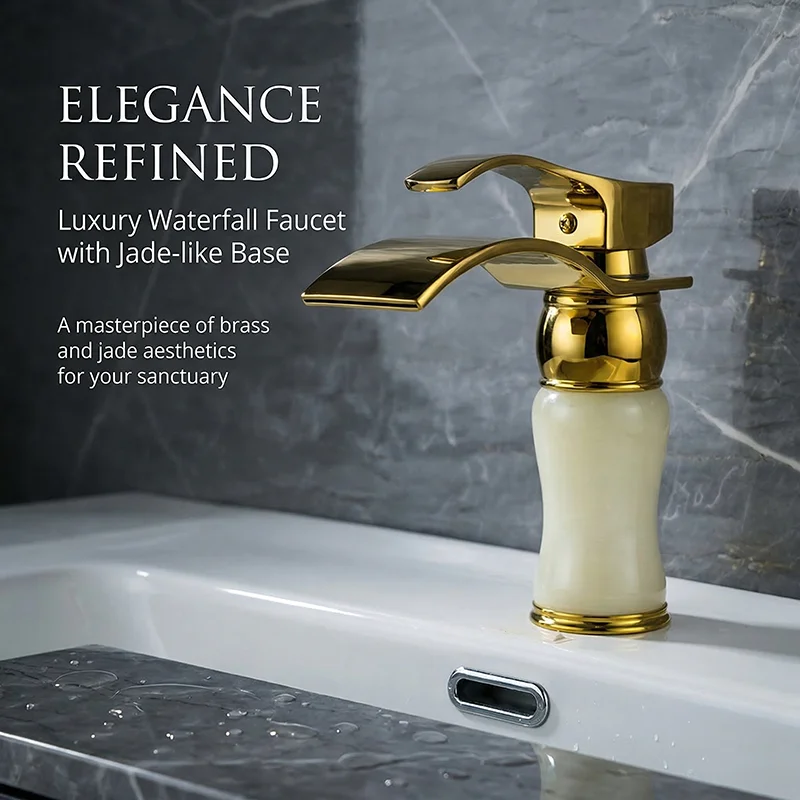 

Polished Gold Bathroom Faucet with White Jade Handle, Solid Brass Waterfall Spout Single Handle Basin Mixer Tap, Deck Mount Hot
