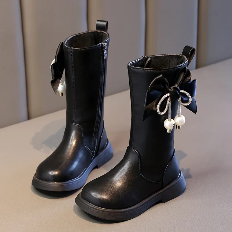 2023 Autumn Winter Girls Versatile Black Bow Tassels Pearls Children Mid-calf Boots for Catwalk Zipper Casual Warm Boots