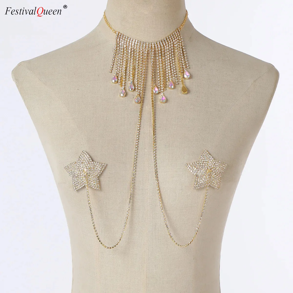 

FestivalQueen Sexy Shiny Rhinestone Body Chain for Women Five-Pointed Star Breast Sticker Tassel Halter Necklace Fashion Accesso