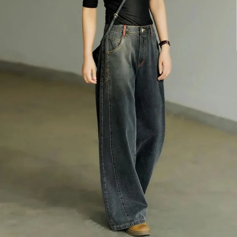 Duży rozmiar 28-36 Wysoka talia Czarne dżinsy z szeroką nogawką Luźne koreańskie modne spodnie jeansowe Casual Baggy Straight Vaqueros Women Streetwear