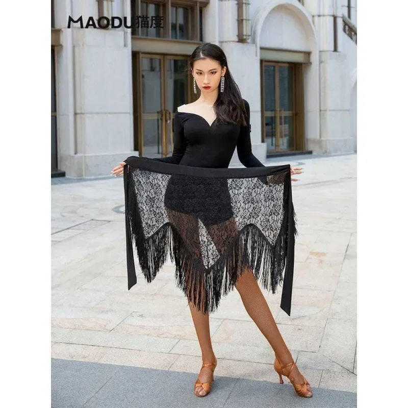 Women Tassel Latin Dance Costumes Fringe Hip Scarf Skirt Towel Sexy Lace Dress Ballroom Top Long Sleeve V-neck Mesh Neckline