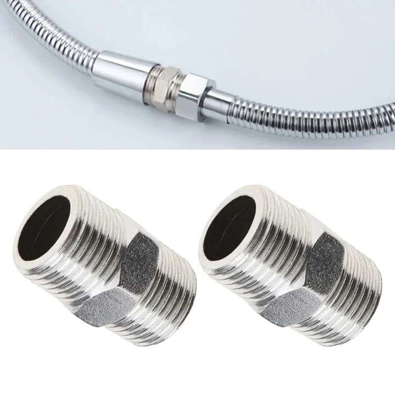 2PCS Stainless Steel Hose Connector Double External Thread Direct Head Bathroom Shower Hose Extender Accessory