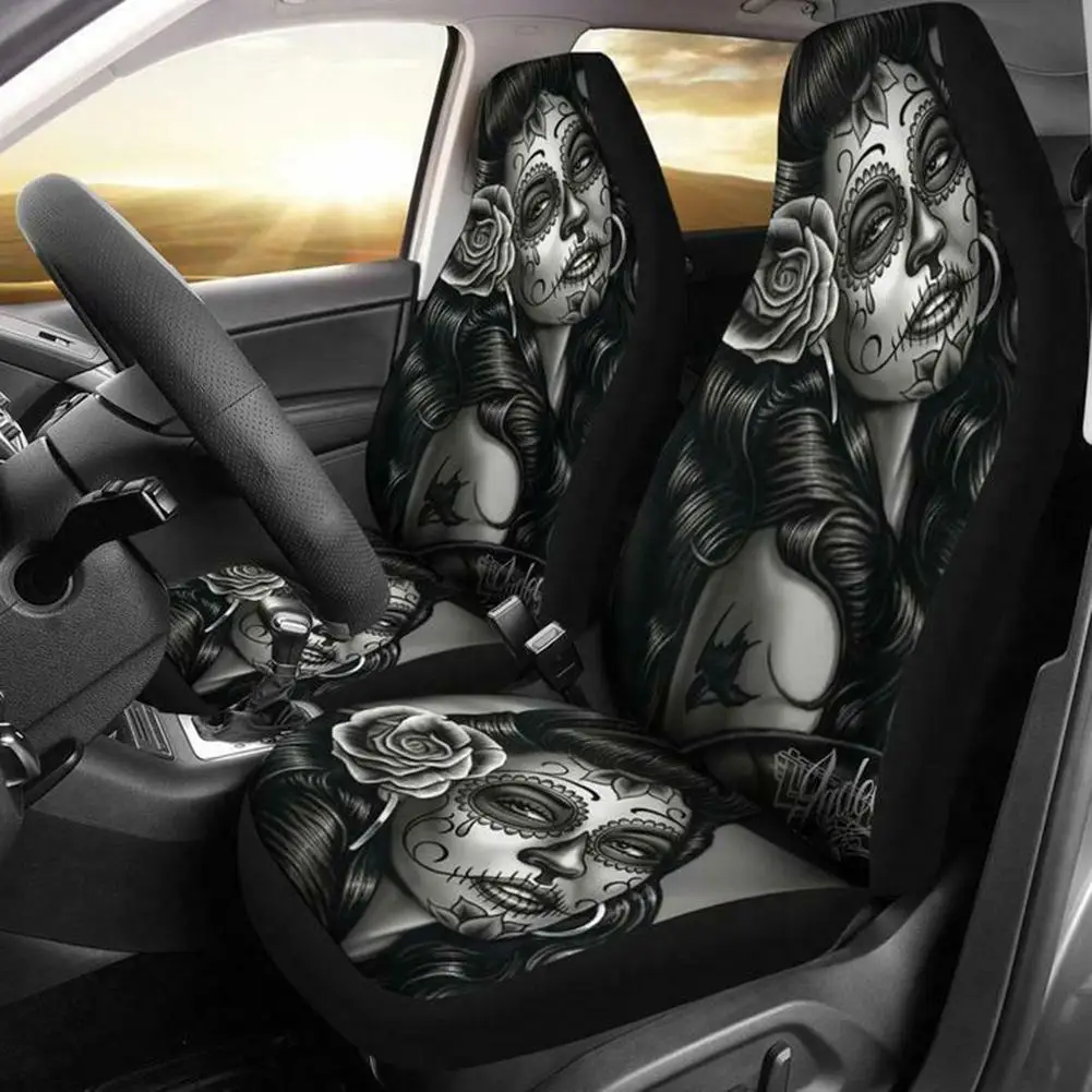 Sugar skull tattoo girl car front seat cover printing fashion car seat cover universal interior accessories for car truck van