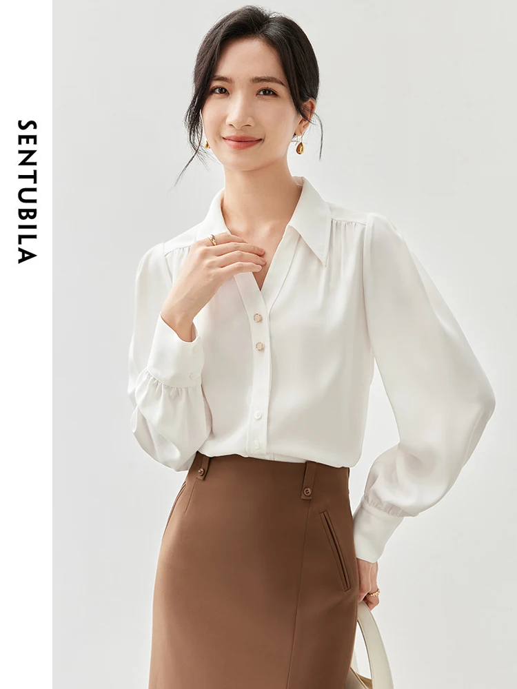 SENTUBILA Casual V Neck Shirt Women 2024 Autumn Texture Single Breasted Long Sleeve Office Lady Simple Solid Blouse 143V57054