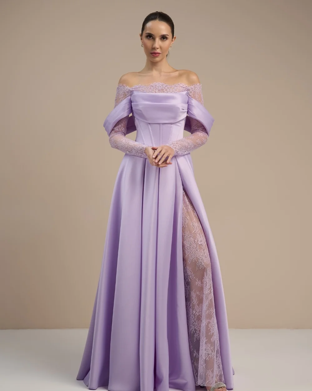 

Customized Modest Elegant Pleat Draped Lace A-line Off-the-shoulder Floor-Length For Birthday Party Evening Dresses Retro