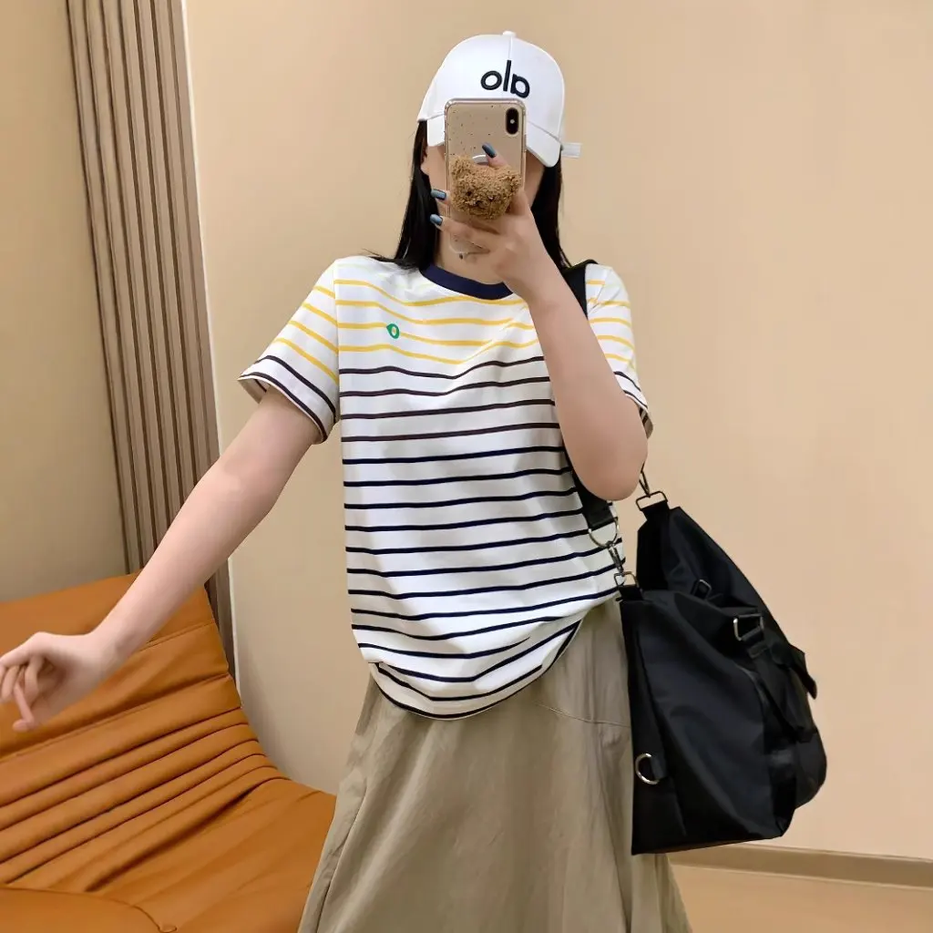 

Women's Gradient Contrast Color Striped Short-Sleeved T-Shirt Slimming Loose Fit All-Match Spring Style Home 25