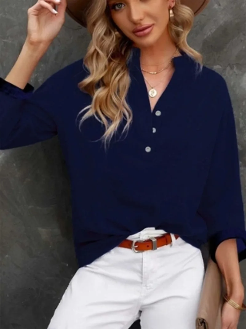 Women\'s Plus Size Fashionable Navy Blue Top Solid Casual Popular Pullover  Versatile and Elegant Shirt