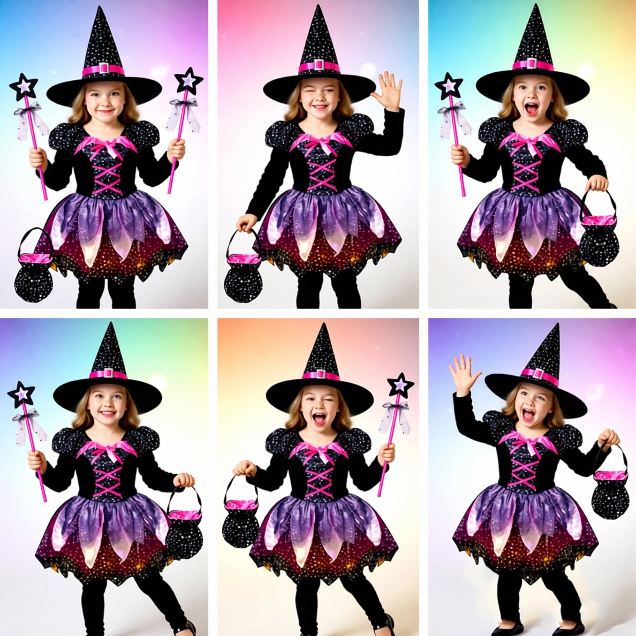 Kids Girls Witch Cosplay Costume Complete Accessories Outfit Star Print Dress Hat Wand for Halloween Theme Party Performance
