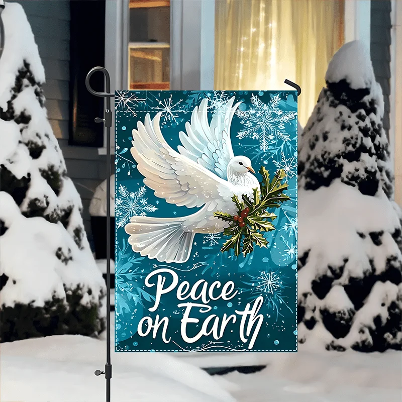 2D Flat, 1pc Winter Peace Dove Holly Garden Flag White Dove with Red berries Teal Snowflake Background Weatherproof