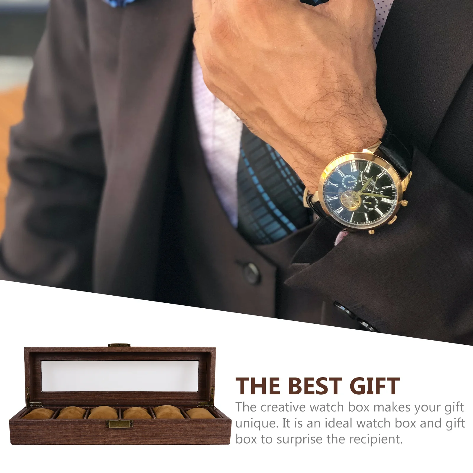 

1Pcs Brown Wooden Watch Display Case Durable Storage Box Classic Design Watch Organizer Jewelry Protector Travel Gift Packing