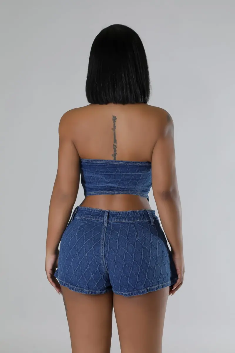 Summer Sexy Slim-fitting Women's Denim Two-piece Set, V-neck, Hang The Neck  Sleeveless Short Top + High-waisted Mini Skirts