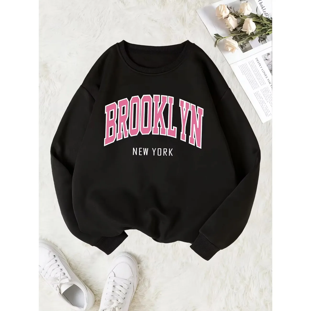 

Уютный пуловер с длинным рукавом и круглым вырезом с принтом Brooklyn, свитшот для женщин, мягкая эластичная ткань из полиэстера, толстовка 240 г