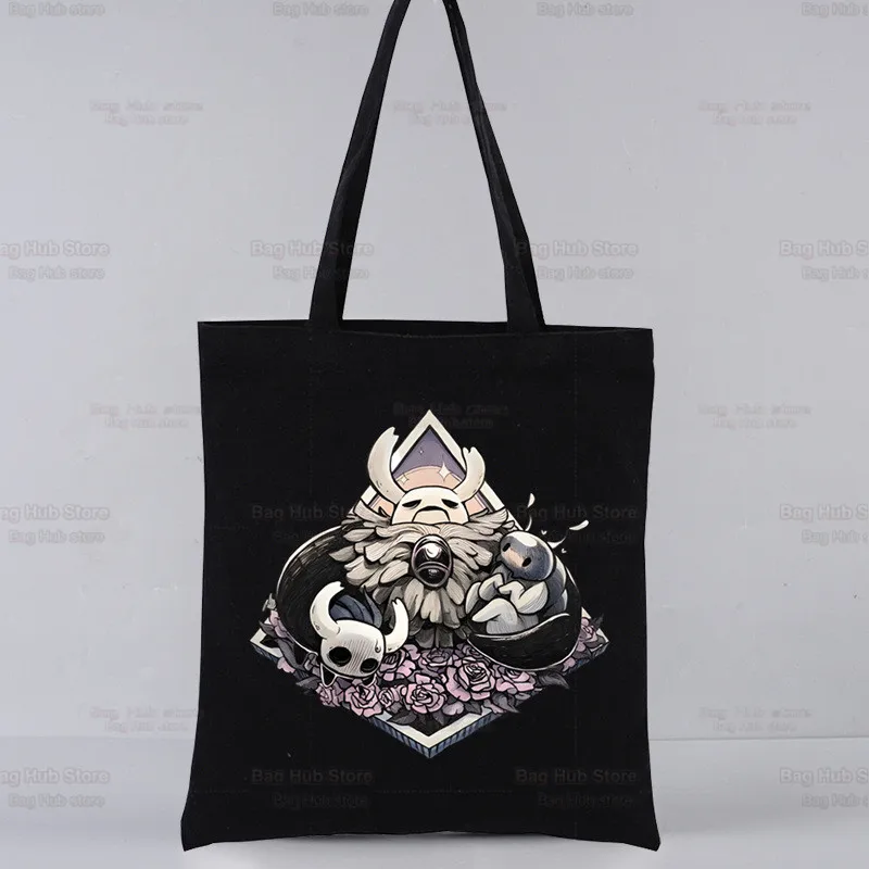 Hollow Knight Game Cartoon nero borse Unisex borsa Tote in tela personalizzata stampa uso quotidiano borsa per la spesa Casual da viaggio riutilizzabile