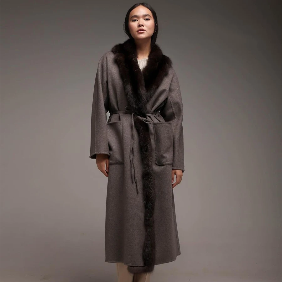 

Womens Coat With Fur Long Wool Blends Coat With Real Fox Fur Collar Best Selling Luxury Woolen Coat