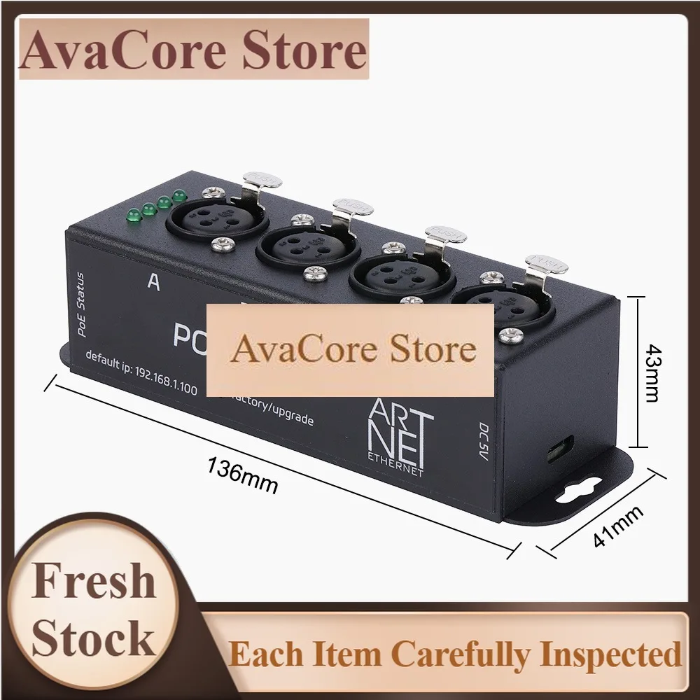 AvaCoreMINI ArtNet / SACN 2048 Power Over Ethernet (PoE) Four Port Bidirectional DMX/RDM Controller Standard Net Connector Madri