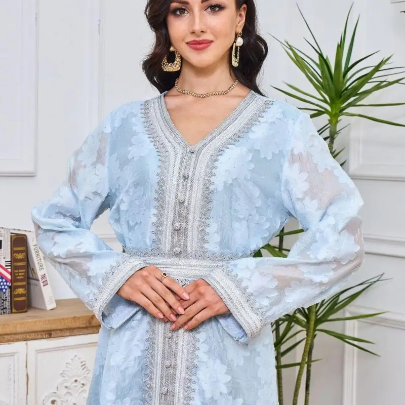 

Wholesale Manufacturer New Islamic Muslim Fashion Embroidery Flounce Lace Abaya Borka Robe Women of Middle Eastern Arab