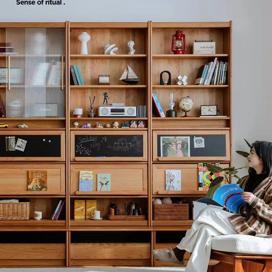 

Nordic solid wood bookcase, household living room full wall bookcase card seat integrated combination study simple storage locke