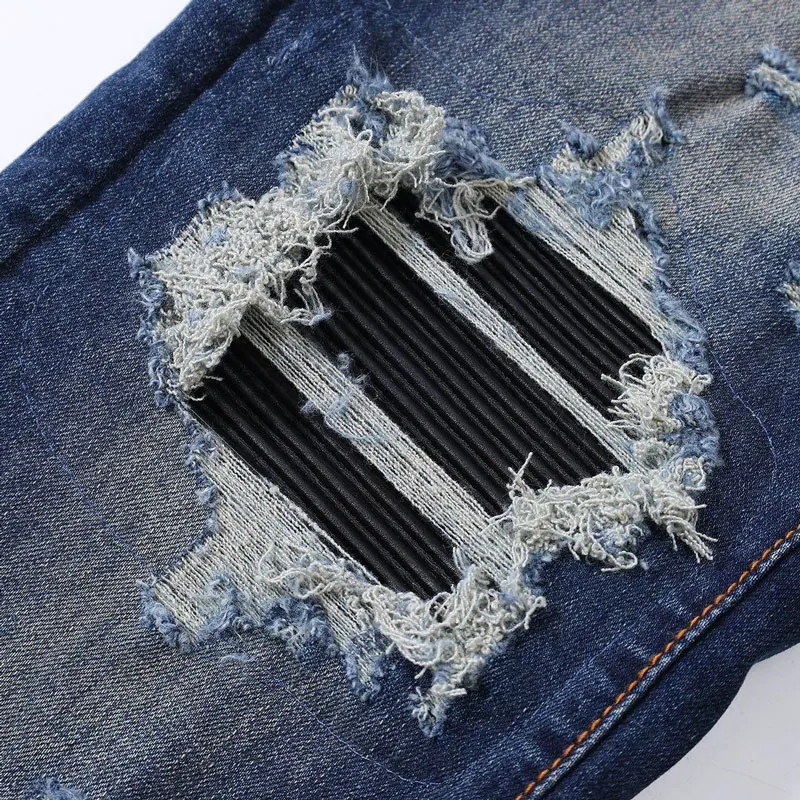 Y2K High Street Fashion New Men's Blue Jeans Washed Nostalgic Perforated Black Leather Patch High Street Trendy Hip Hop Brand Je