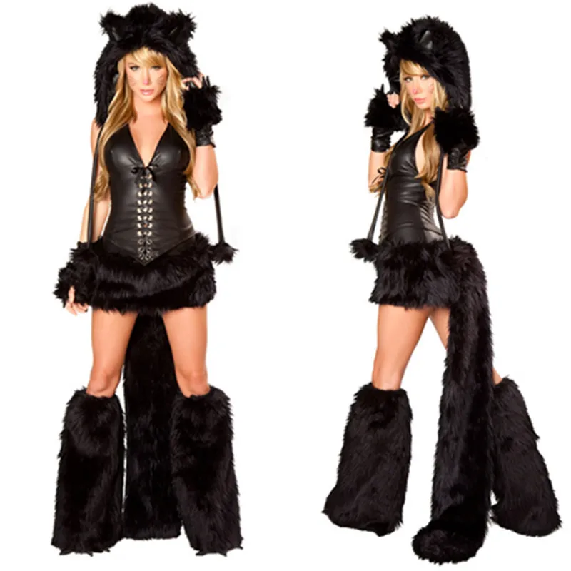 2023 Sexy Black Teddy Bear Costume for Adult Cat Girl Cosplay Costume Halloween Costumes for Women Fantasia Party Uniforms Set