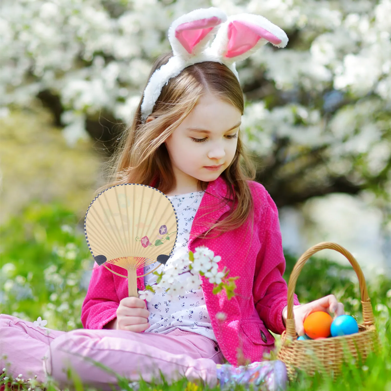 Children Mini Handheld Printing Fan Double Sided Vintage Style Bamboo Fan for Summer Cooling Dance Cosplay Stage Use