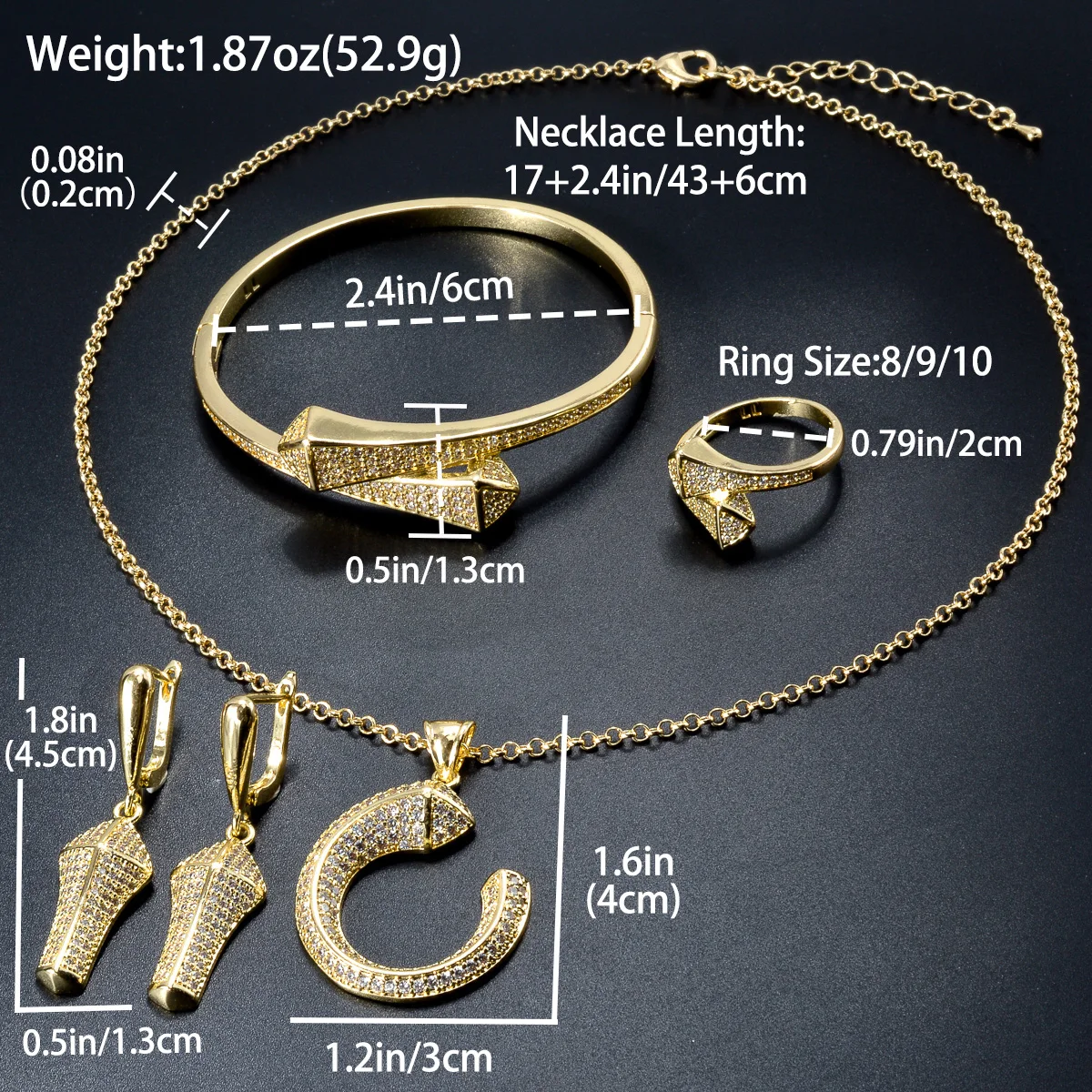 4 Pcs/Set Inlay Cubic Zirconia Snake Snakelike Narrow Necklace Bangle Bracelet Earring Ring Luxury Dinner Jewelry Accessories