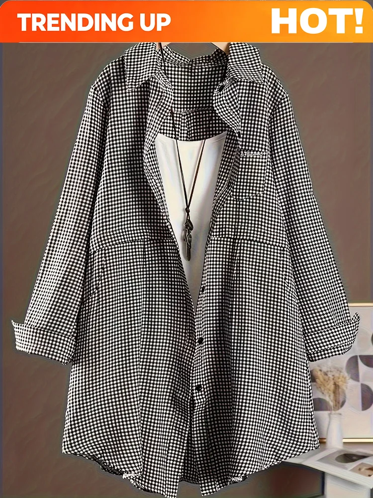 Customization Plus Size New Korean Fashion Blouses Plaid Button Solid Midi Autumn Shirt Female All-match Loose Long Sleeve Polo-