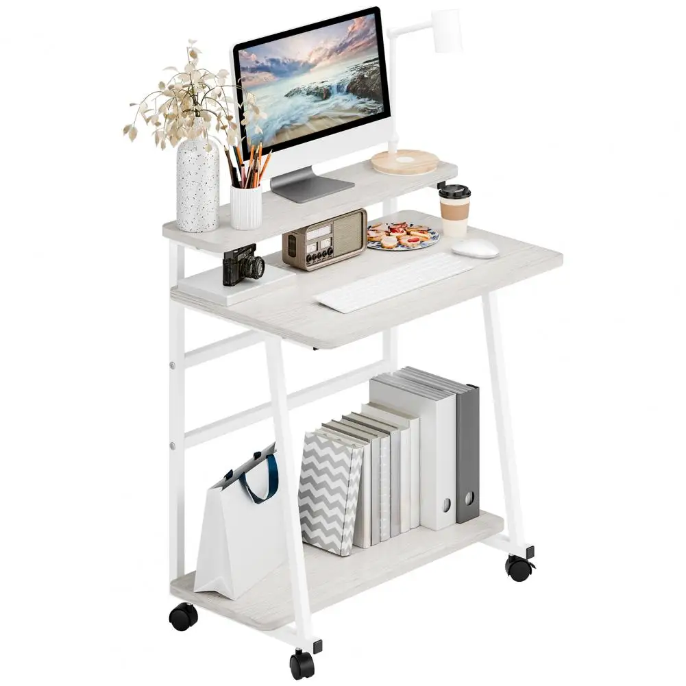 80x50cm Small Rolling Computer Desk, Computer Desk for Small Space, 3-Tiers Work Office Desk with Monitor Stand, Small Student W