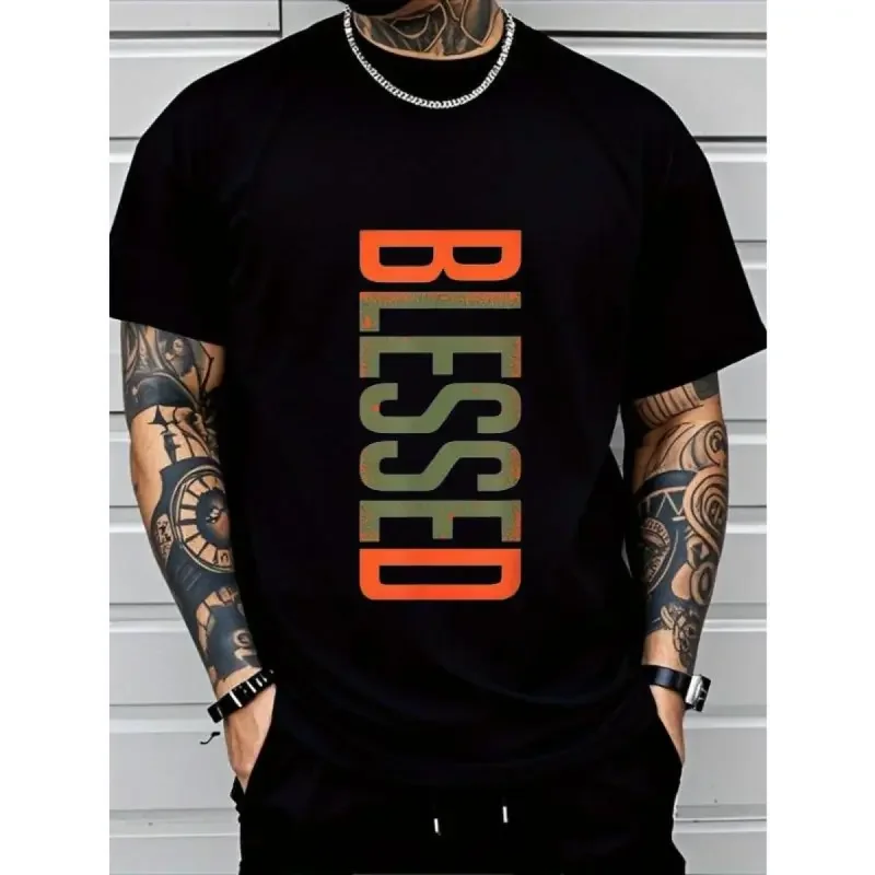 Men's Tee Men's Plus Size BLESSED 3D Printed T-Shirt - Bold Geometric Lettering, Breathable Comfort Fit, Unisex T-shirts