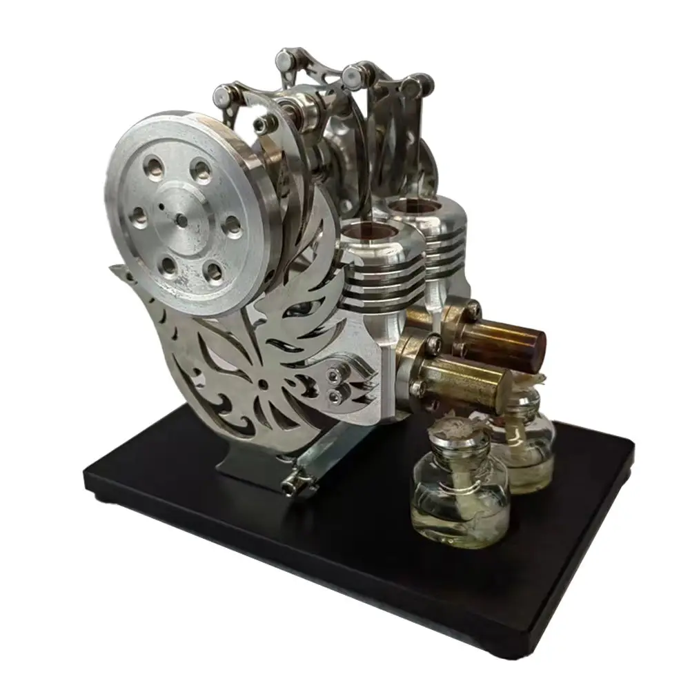 Metal cylinder Stirling engine generator with movable engine, miniature external combustion engine model, dual cylinder