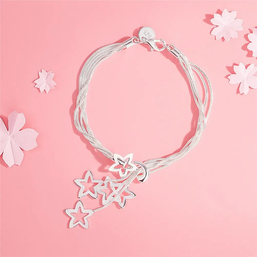 Hot Popular 925 Sterling Silver Snake Chain Hanging Stars Bracelets For Woman Wedding Party Christmas Gifts Fashion Fine Jewelry
