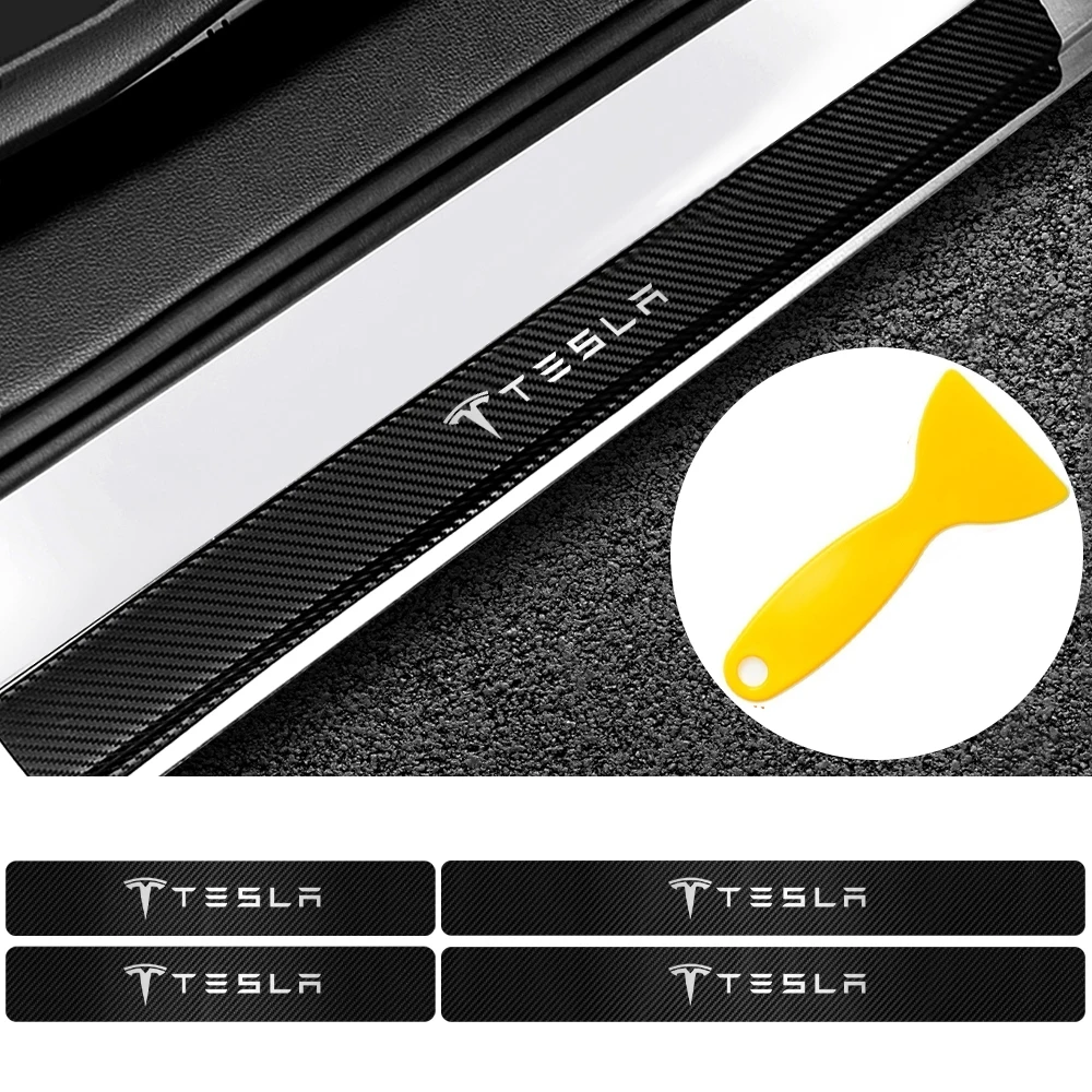 

4Pcs Car Styling Carbon Fiber Vinyl Door Sills Guard Sticker for Tesla Model 3 Y S X Roadster Juguete SpaceX Cybertruck
