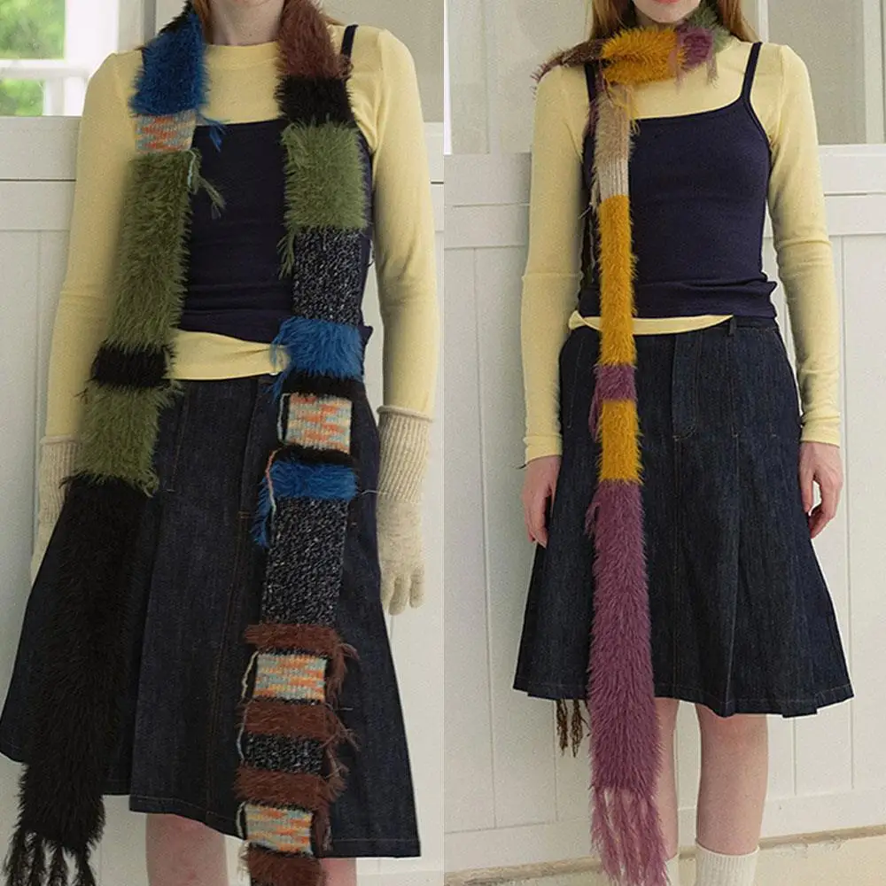 

Harajuku Style Colorful Knitted Scarf Rainbow Stripe Long Narrow Scarves Y2k Plush Tassel Thickened Neck Warmer Long Scarf