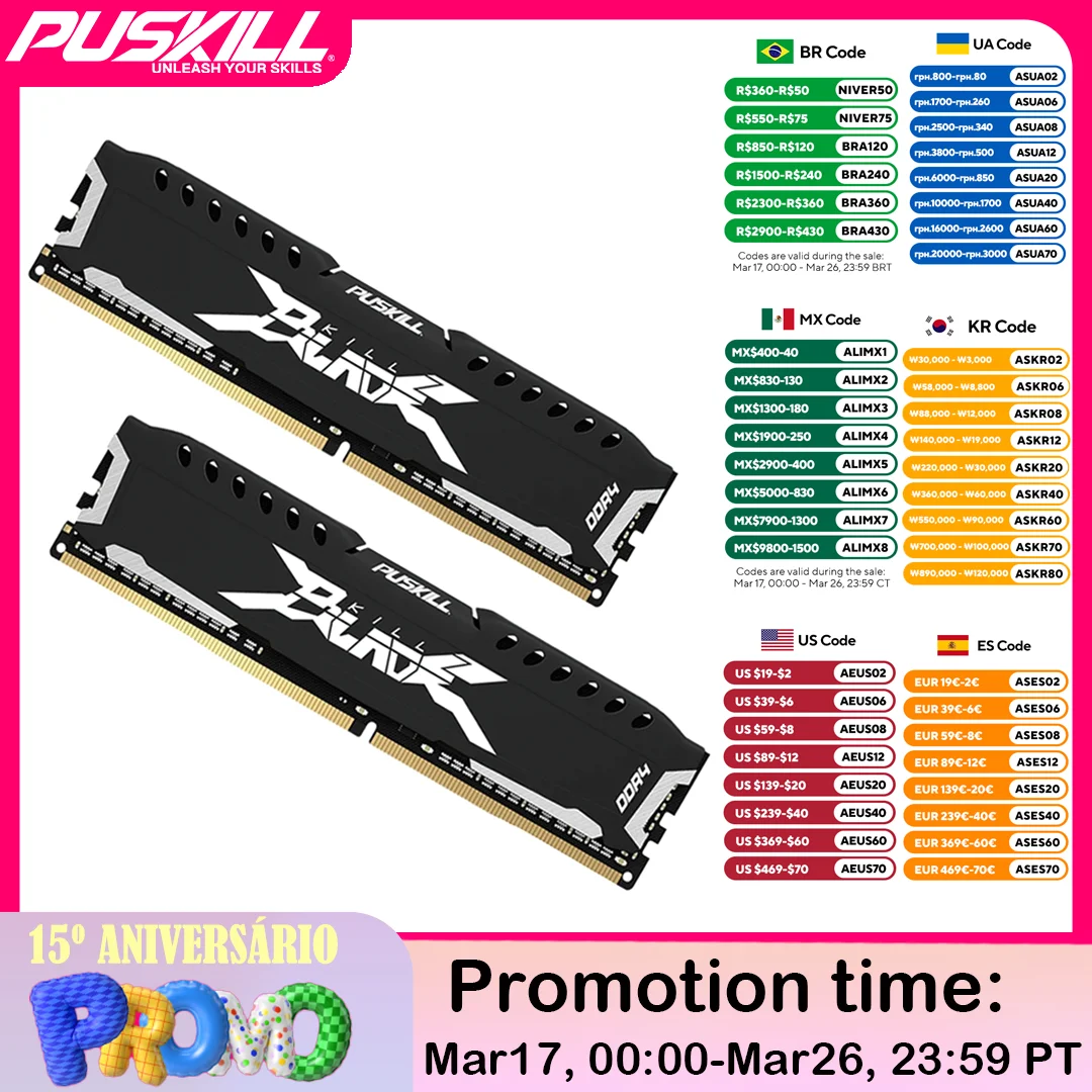 PUSKILL Memória RAM DDR4 16GB 8GB 1.2V 3200MHz 2666MHz Desktop Computer UDIMM Cooling Vest Memory Memoria