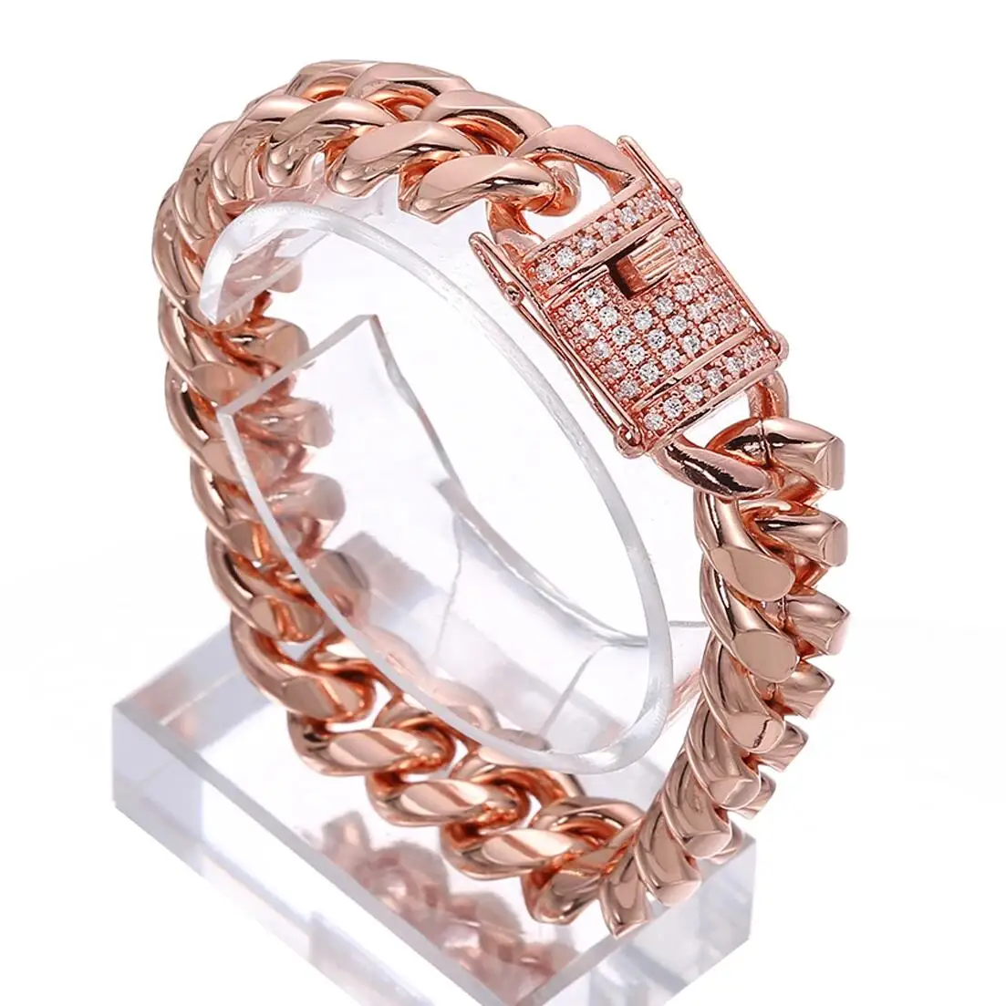 Granny Chic Stainless Steel Rose Gold Tone Women Men's Miami Cuban Link Chain Bracelet with CZ Lock 10mm/14mm Width