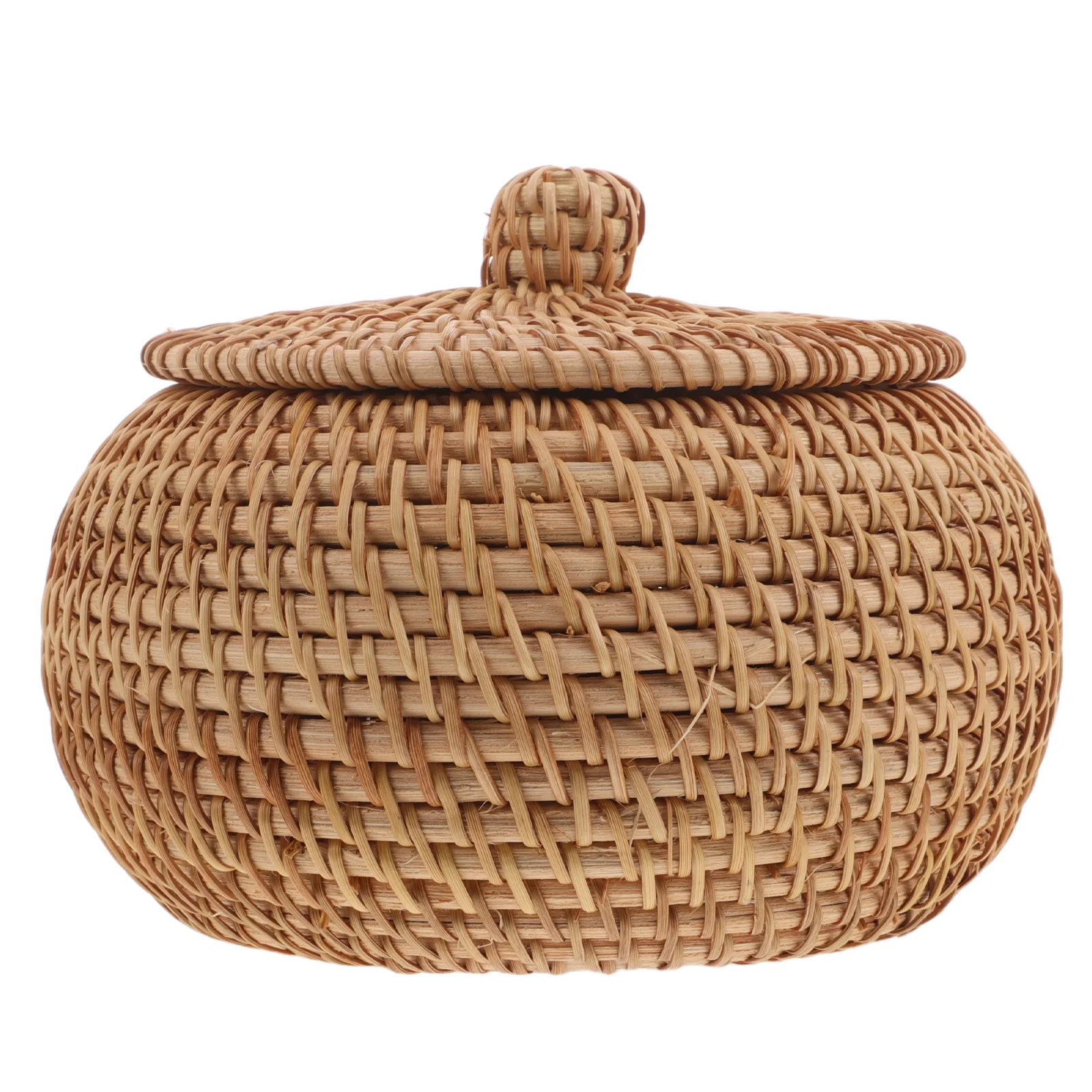 

15*12Cm Rattan Storage Box With Lid Handwoven Wicker Basket Round Desktop Organizer For Kitchen Shelf Sundries - Small Woven