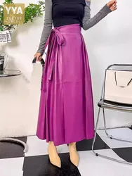 Chinese Style Vintage Women Lace Up High Waist Ankle Length Long Pleated Skirt Elegant Lady Sheepskin Genuine Leather Skirt 4XL