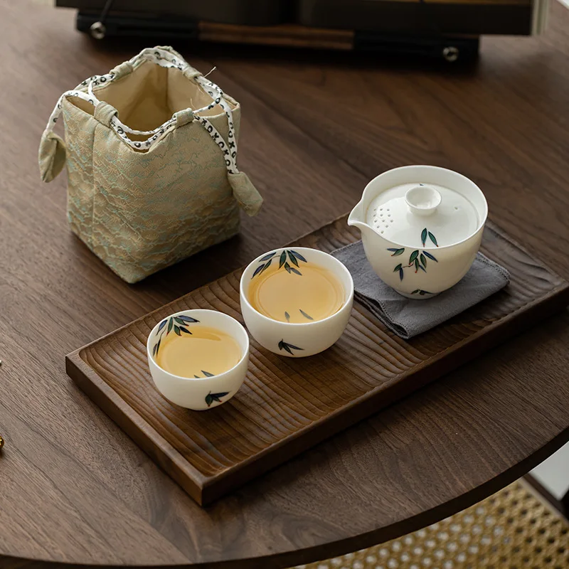 

Портативный бамбуковый фарфоровый чайный сервиз, 1 чайник, 2 чашки, дорожная чайная посуда для кемпинга, офиса, белый керамический подарок