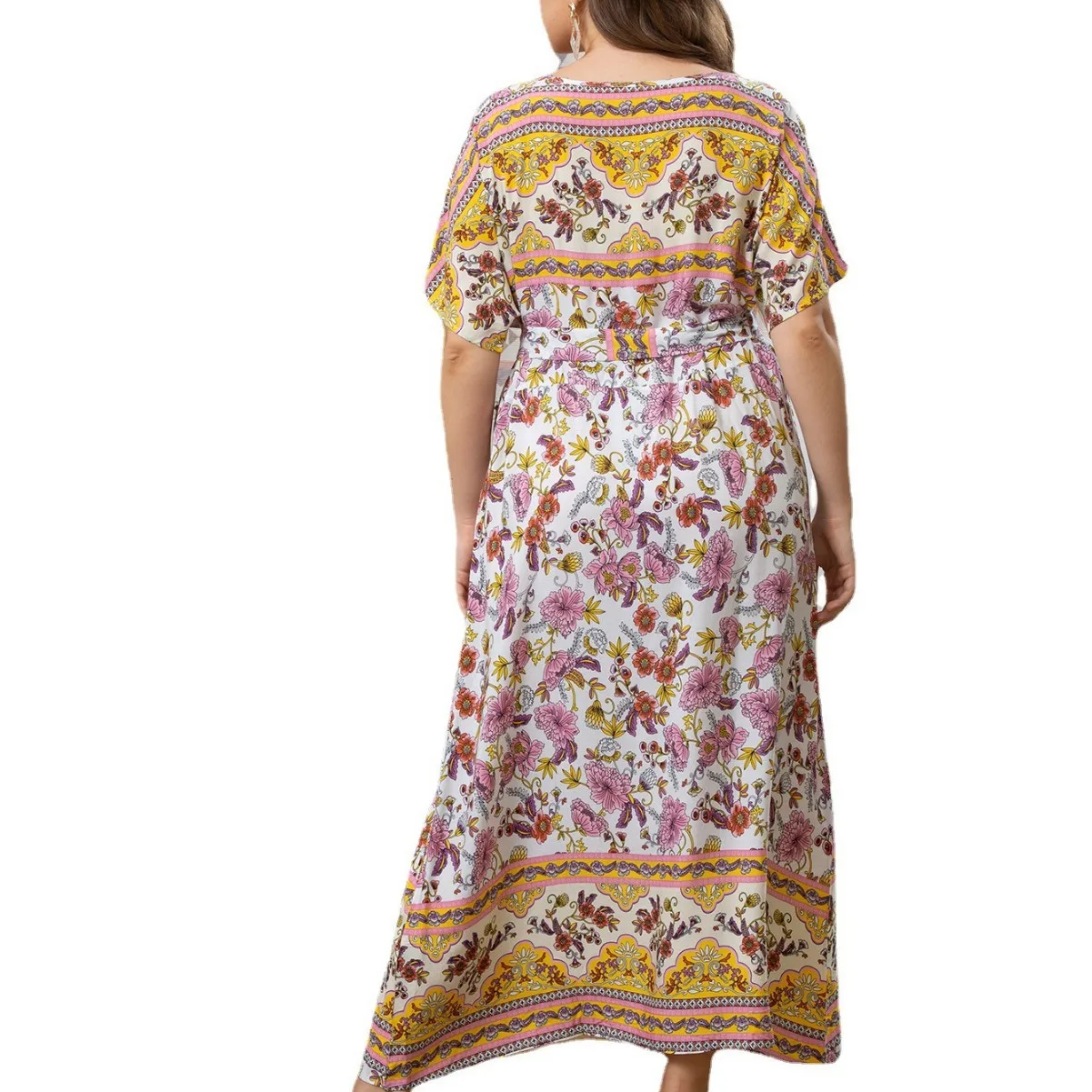 NUOVO abito con cintura con scollo a O con stampa floreale donna vacanza casual estate manica corta Boho maxi abiti lunghi 2025