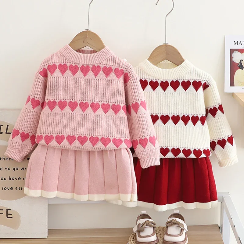 Zestaw ubranek dla dzieci na wiosnę 2026, dla dziewczynek w wieku 2-6 lat, dzianinowy komplet: sweter z długim rękawem + krótka spódniczka
