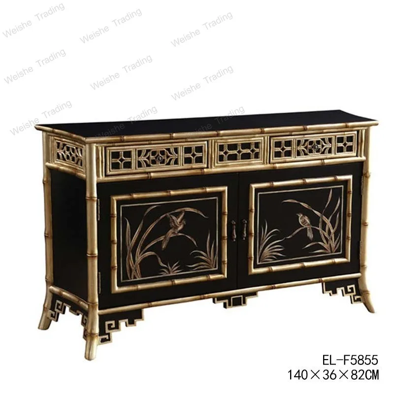 European luxury solid wood gold foil hand-painted orchid bird 1.4 meters bamboo joint locker foyer entrance cabinet
