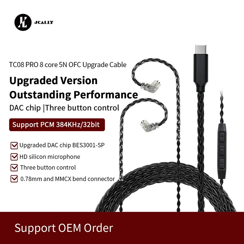 JCALLY Black TC08 PRO TC08 Silver Plated TYPE-C Earphone Upgrade Cable With MIC MMCX 2Pin 0.75/0.78 QDC for KZ KBEAR TRN 7HZ TFZ